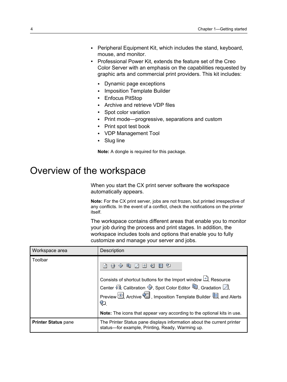 Overview of the workspace | Xerox CX PRINT SERVER 560 User Manual | Page 14 / 166