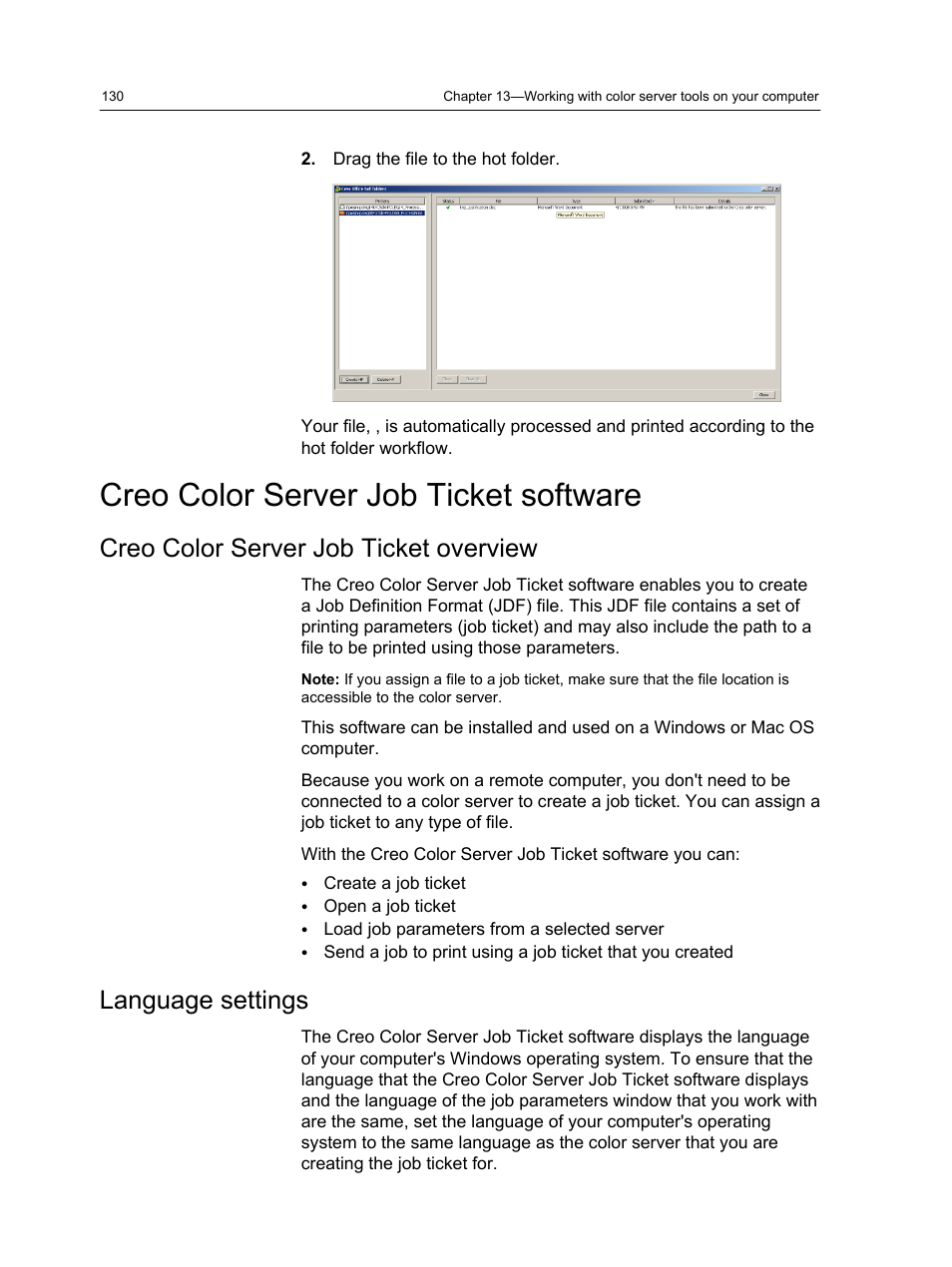 Creo color server job ticket software, Creo color server job ticket overview, Language settings | Xerox CX PRINT SERVER 560 User Manual | Page 140 / 166