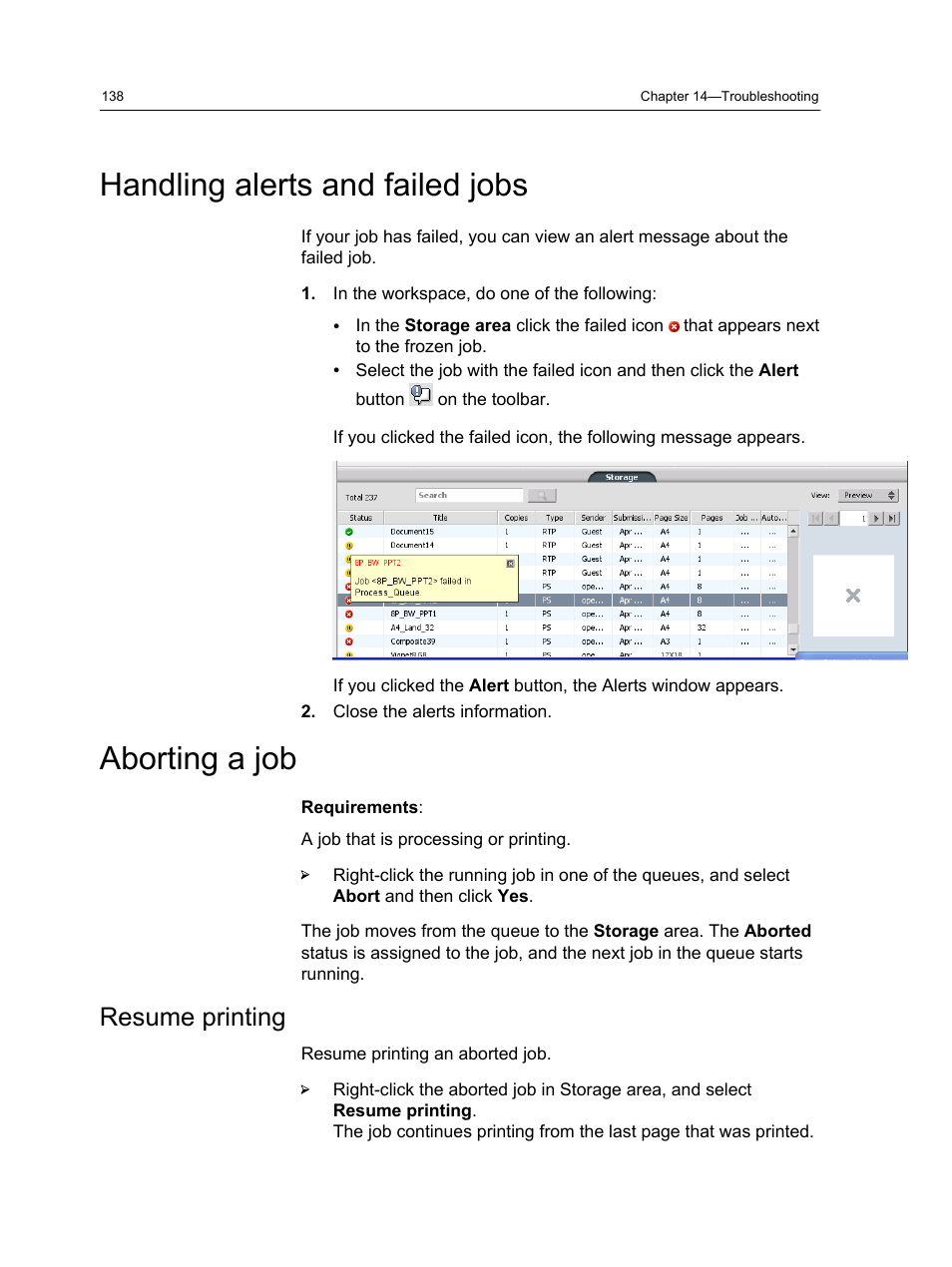 Handling alerts and failed jobs, Aborting a job, Resume printing | Handling alerts and failed jobs aborting a job | Xerox CX PRINT SERVER 560 User Manual | Page 148 / 166