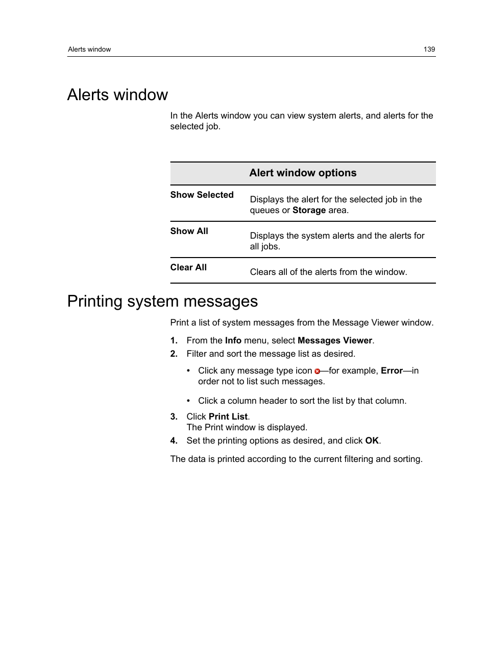 Alerts window, Printing system messages, Alerts window printing system messages | Xerox CX PRINT SERVER 560 User Manual | Page 149 / 166