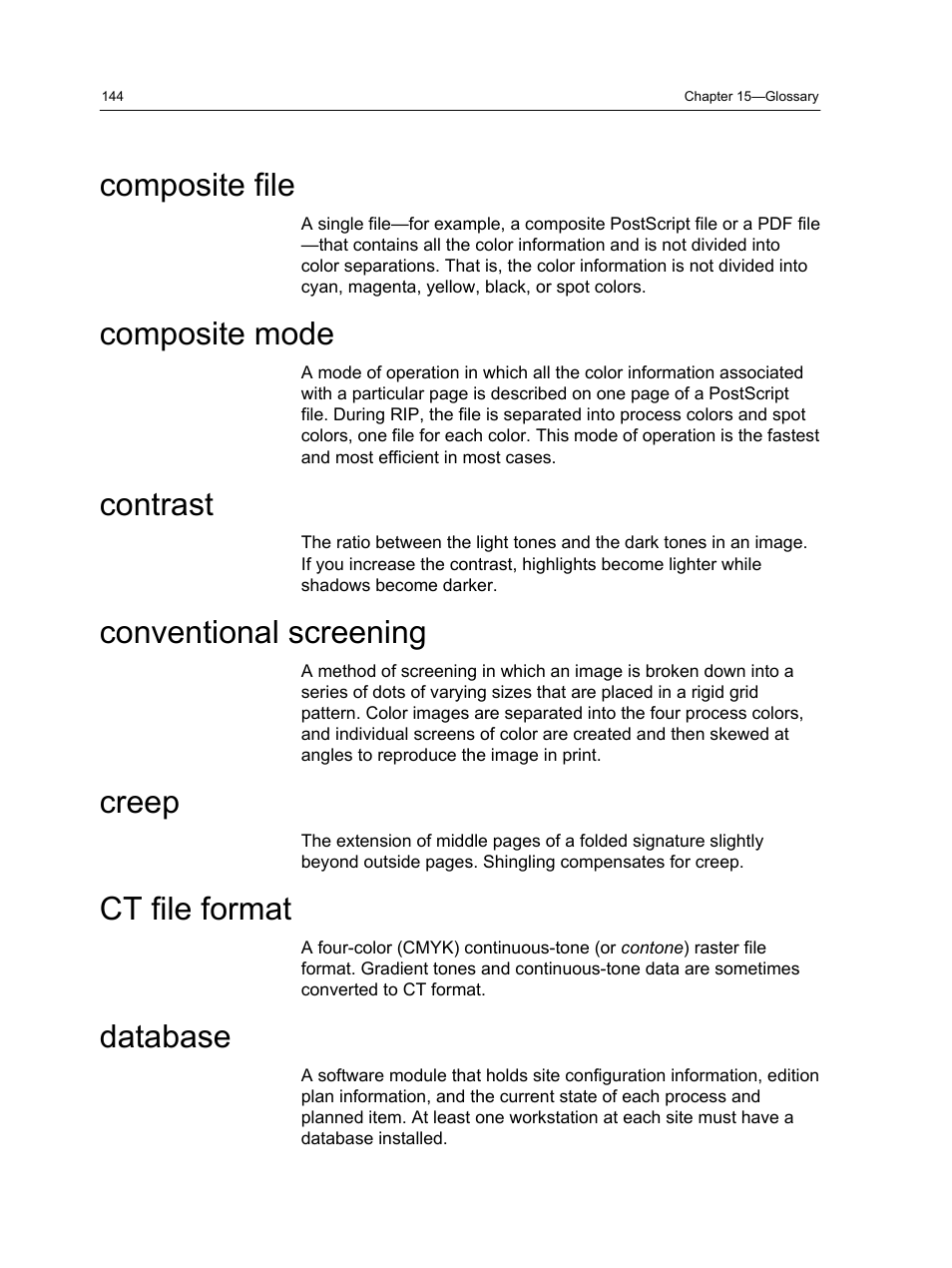 Composite file, Composite mode, Contrast | Conventional screening, Creep, Ct file format, Database | Xerox CX PRINT SERVER 560 User Manual | Page 154 / 166