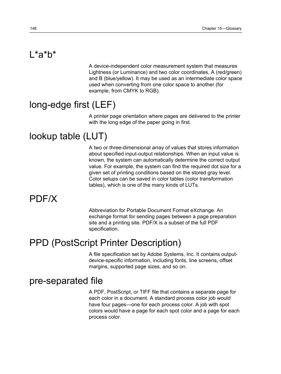 L*a*b, Long-edge first (lef), Lookup table (lut) | Pdf/x, Ppd (postscript printer description), Pre-separated file | Xerox CX PRINT SERVER 560 User Manual | Page 158 / 166