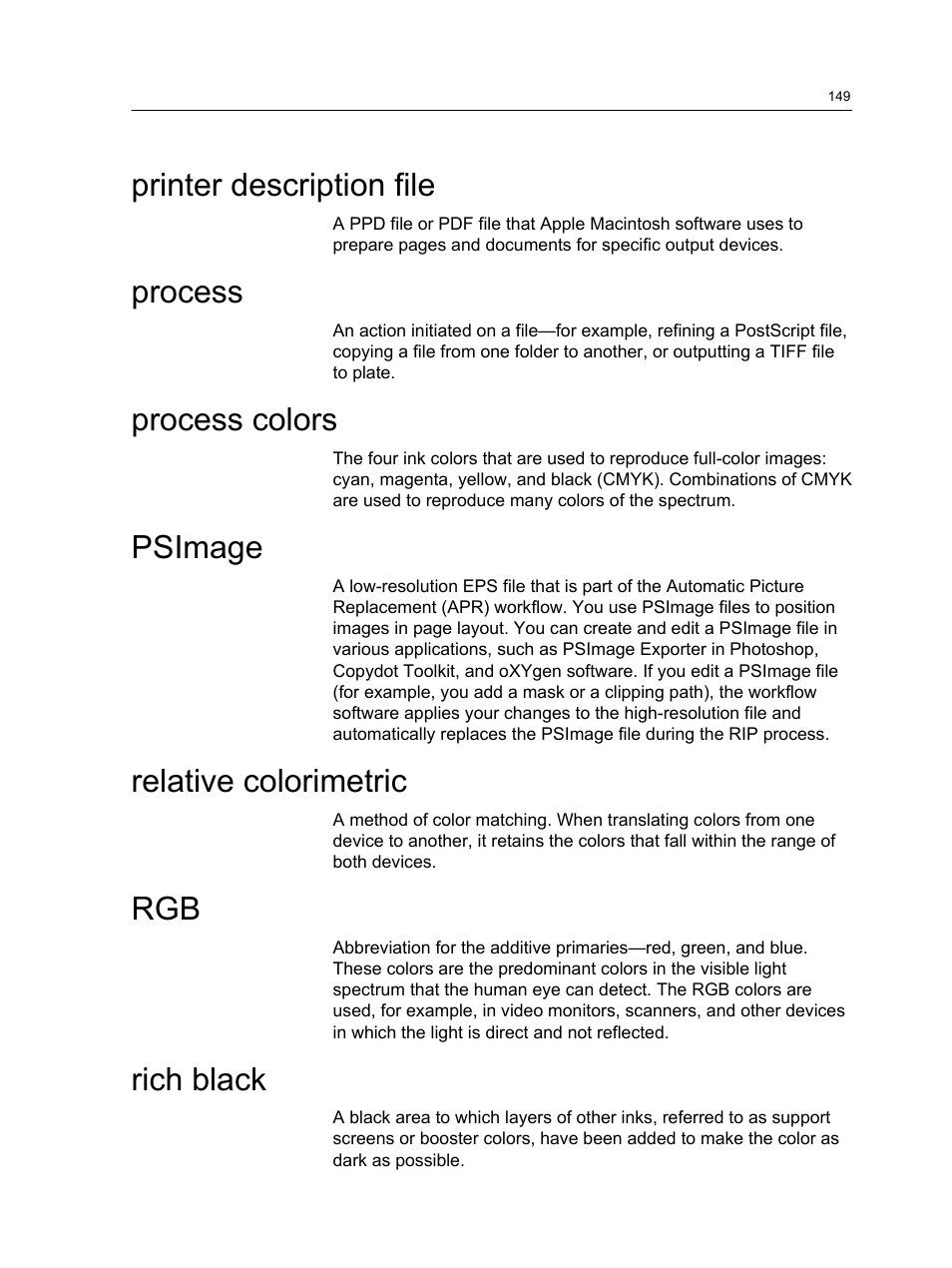 Printer description file, Process, Process colors | Psimage, Relative colorimetric, Rich black | Xerox CX PRINT SERVER 560 User Manual | Page 159 / 166