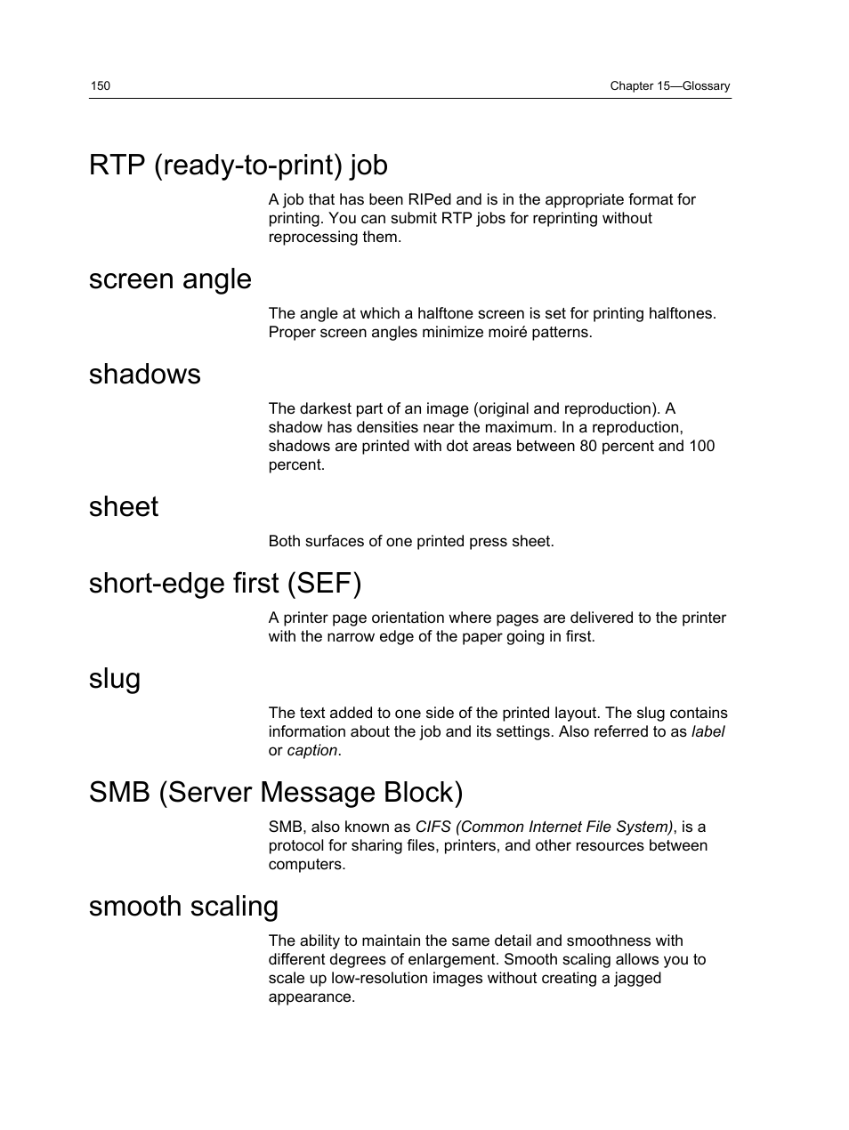 Rtp (ready-to-print) job, Screen angle, Shadows | Sheet, Short-edge first (sef), Slug, Smb (server message block), Smooth scaling | Xerox CX PRINT SERVER 560 User Manual | Page 160 / 166