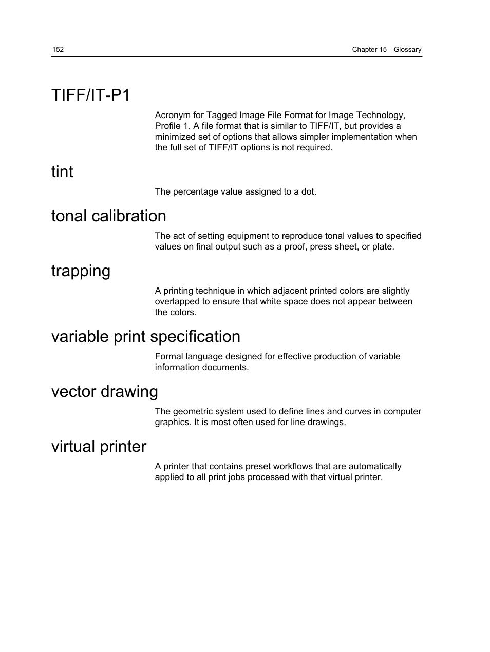 Tiff/it-p1, Tint, Tonal calibration | Trapping, Variable print specification, Vector drawing, Virtual printer | Xerox CX PRINT SERVER 560 User Manual | Page 162 / 166