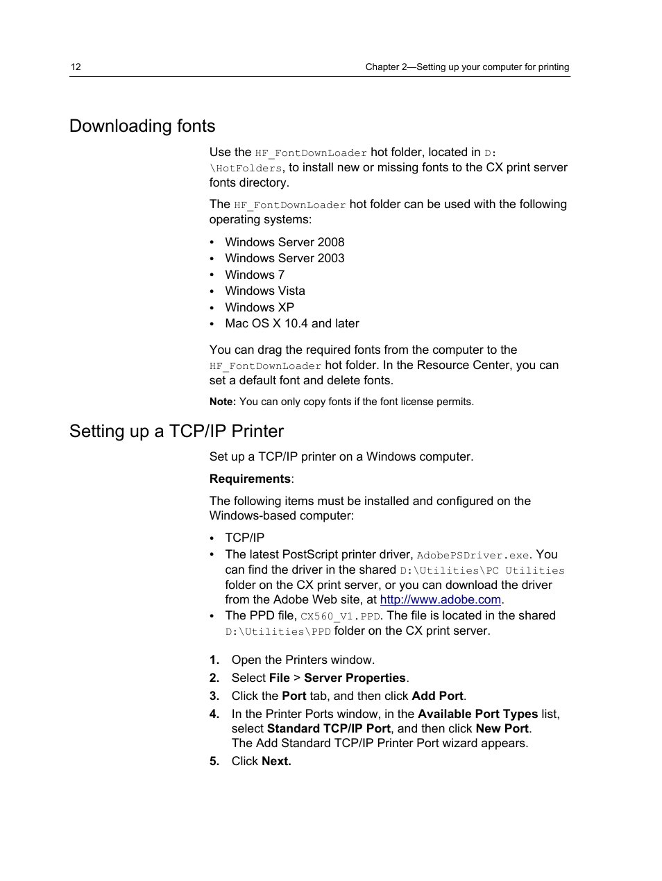 Downloading fonts, Setting up a tcp/ip printer, Downloading fonts setting up a tcp/ip printer | Xerox CX PRINT SERVER 560 User Manual | Page 22 / 166