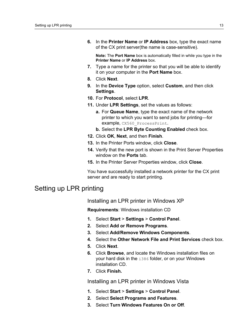 Setting up lpr printing, Installing an lpr printer in windows xp, Installing an lpr printer in windows vista | Xerox CX PRINT SERVER 560 User Manual | Page 23 / 166
