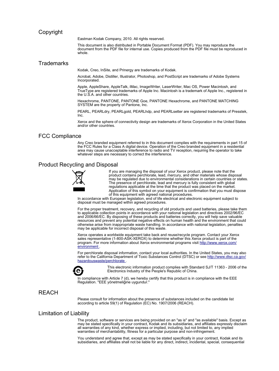 Copyright, Trademarks, Fcc compliance | Product recycling and disposal, Reach, Limitation of liability | Xerox CX PRINT SERVER 560 User Manual | Page 3 / 166