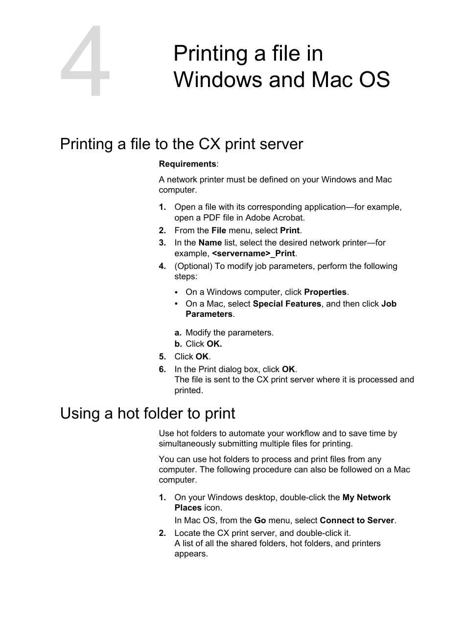 Printing a file in windows and mac os, Printing a file to the cx print server, Using a hot folder to print | Xerox CX PRINT SERVER 560 User Manual | Page 33 / 166