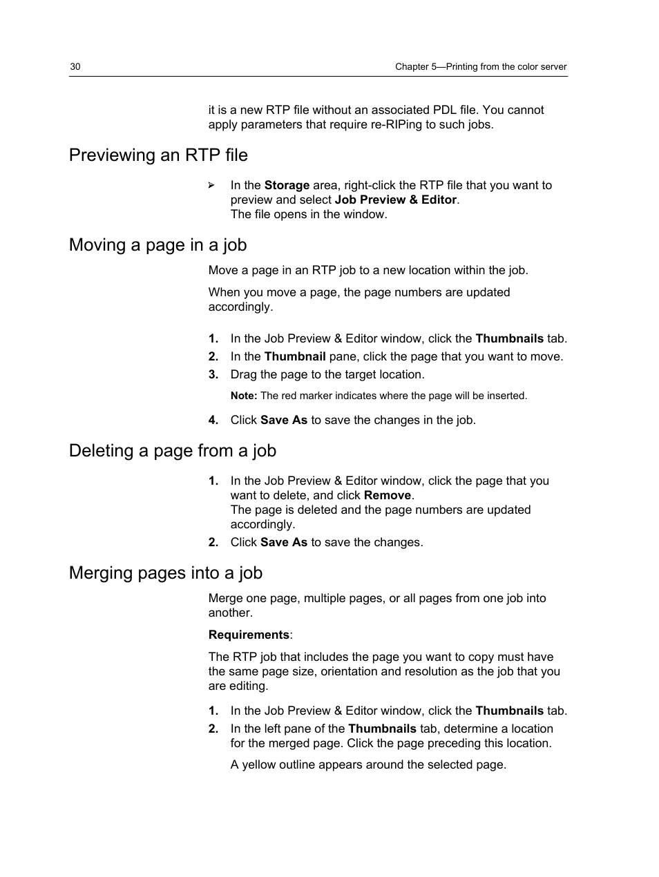 Previewing an rtp file, Moving a page in a job, Deleting a page from a job | Merging pages into a job | Xerox CX PRINT SERVER 560 User Manual | Page 40 / 166