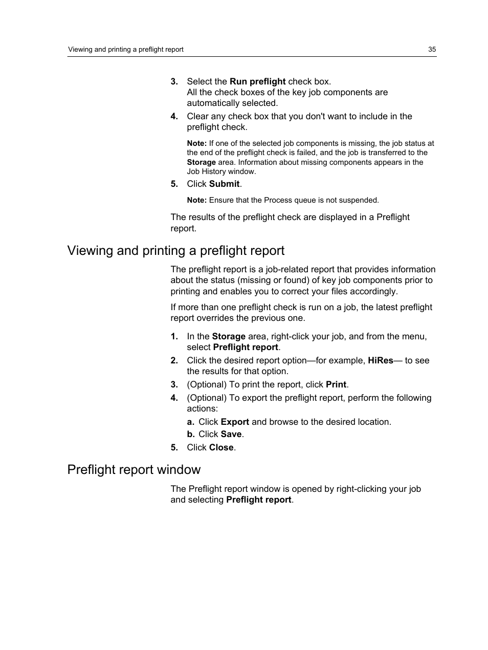 Viewing and printing a preflight report, Preflight report window | Xerox CX PRINT SERVER 560 User Manual | Page 45 / 166
