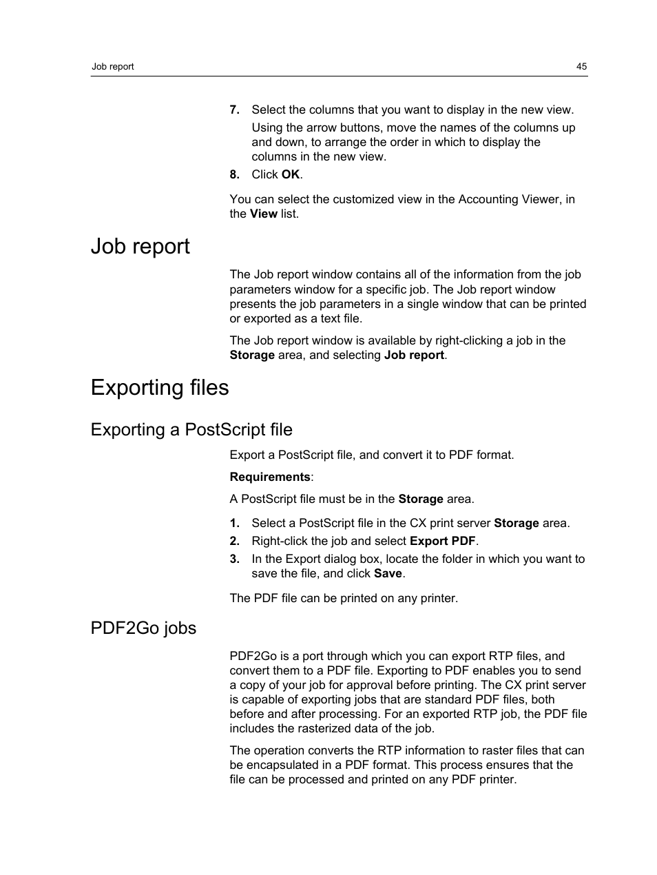 Job report, Exporting files, Exporting a postscript file | Pdf2go jobs, Job report exporting files, Exporting a postscript file pdf2go jobs | Xerox CX PRINT SERVER 560 User Manual | Page 55 / 166