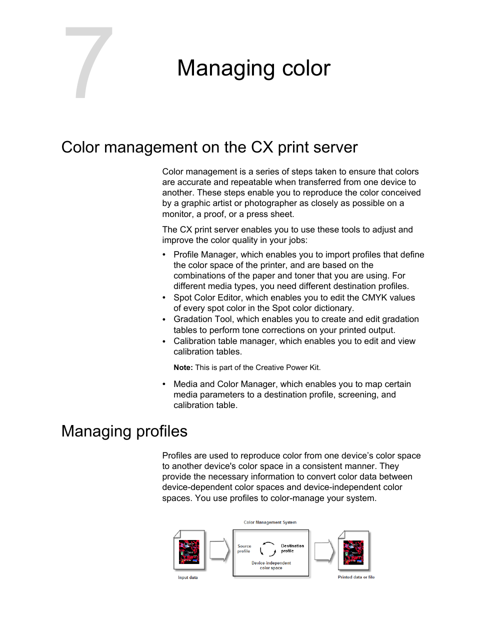 Managing color, Color management on the cx print server, Managing profiles | Xerox CX PRINT SERVER 560 User Manual | Page 57 / 166