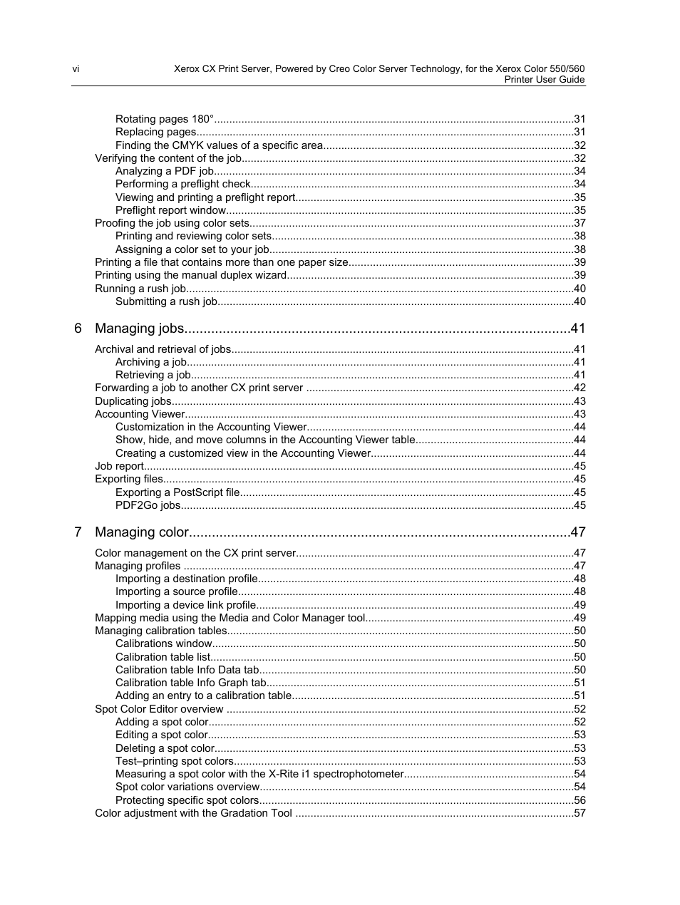 6 managing jobs, 7 managing color | Xerox CX PRINT SERVER 560 User Manual | Page 6 / 166