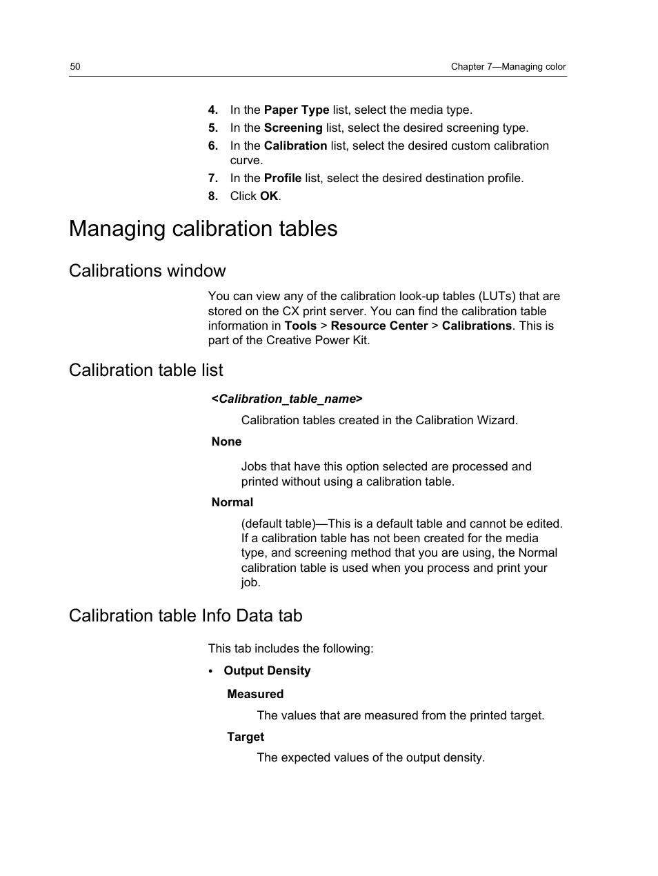 Managing calibration tables, Calibrations window, Calibration table list | Calibration table info data tab | Xerox CX PRINT SERVER 560 User Manual | Page 60 / 166