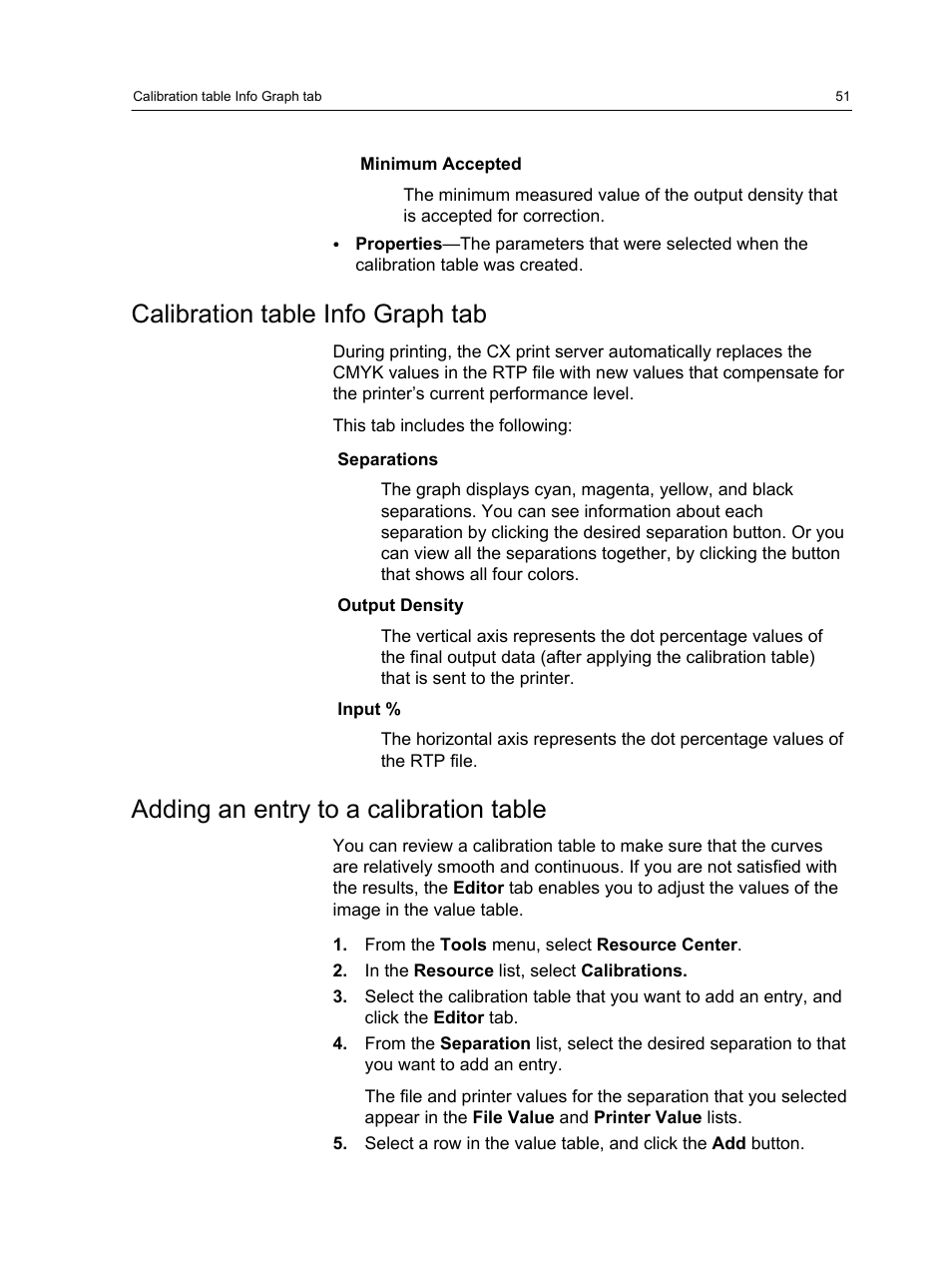 Calibration table info graph tab, Adding an entry to a calibration table | Xerox CX PRINT SERVER 560 User Manual | Page 61 / 166