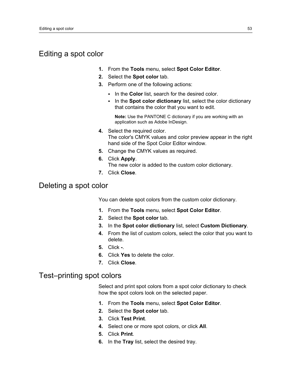 Editing a spot color, Deleting a spot color, Test–printing spot colors | Xerox CX PRINT SERVER 560 User Manual | Page 63 / 166