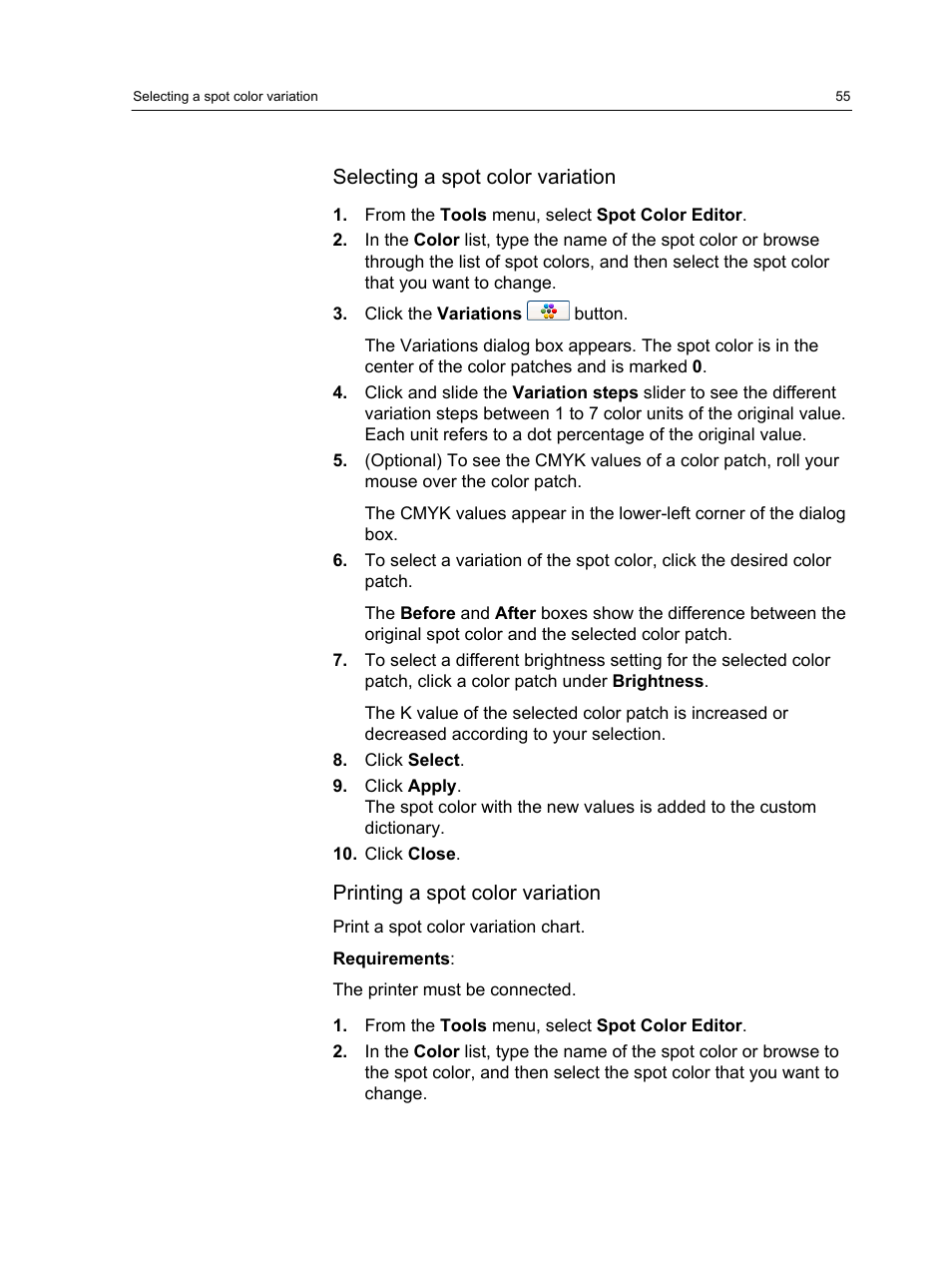 Selecting a spot color variation, Printing a spot color variation | Xerox CX PRINT SERVER 560 User Manual | Page 65 / 166