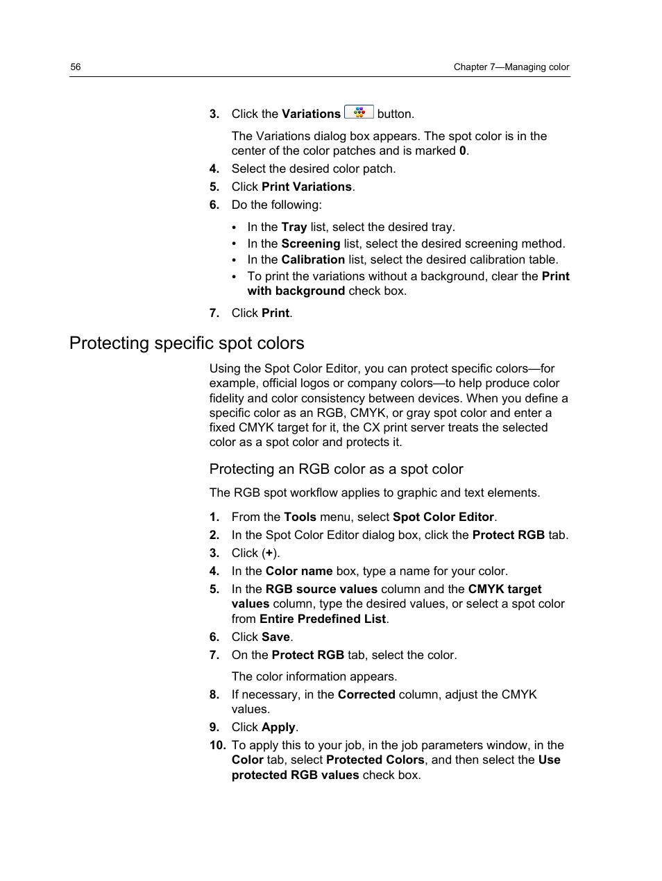 Protecting specific spot colors, Protecting an rgb color as a spot color | Xerox CX PRINT SERVER 560 User Manual | Page 66 / 166