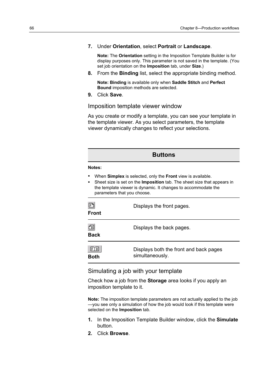 Imposition template viewer window, Simulating a job with your template, Buttons | Xerox CX PRINT SERVER 560 User Manual | Page 76 / 166