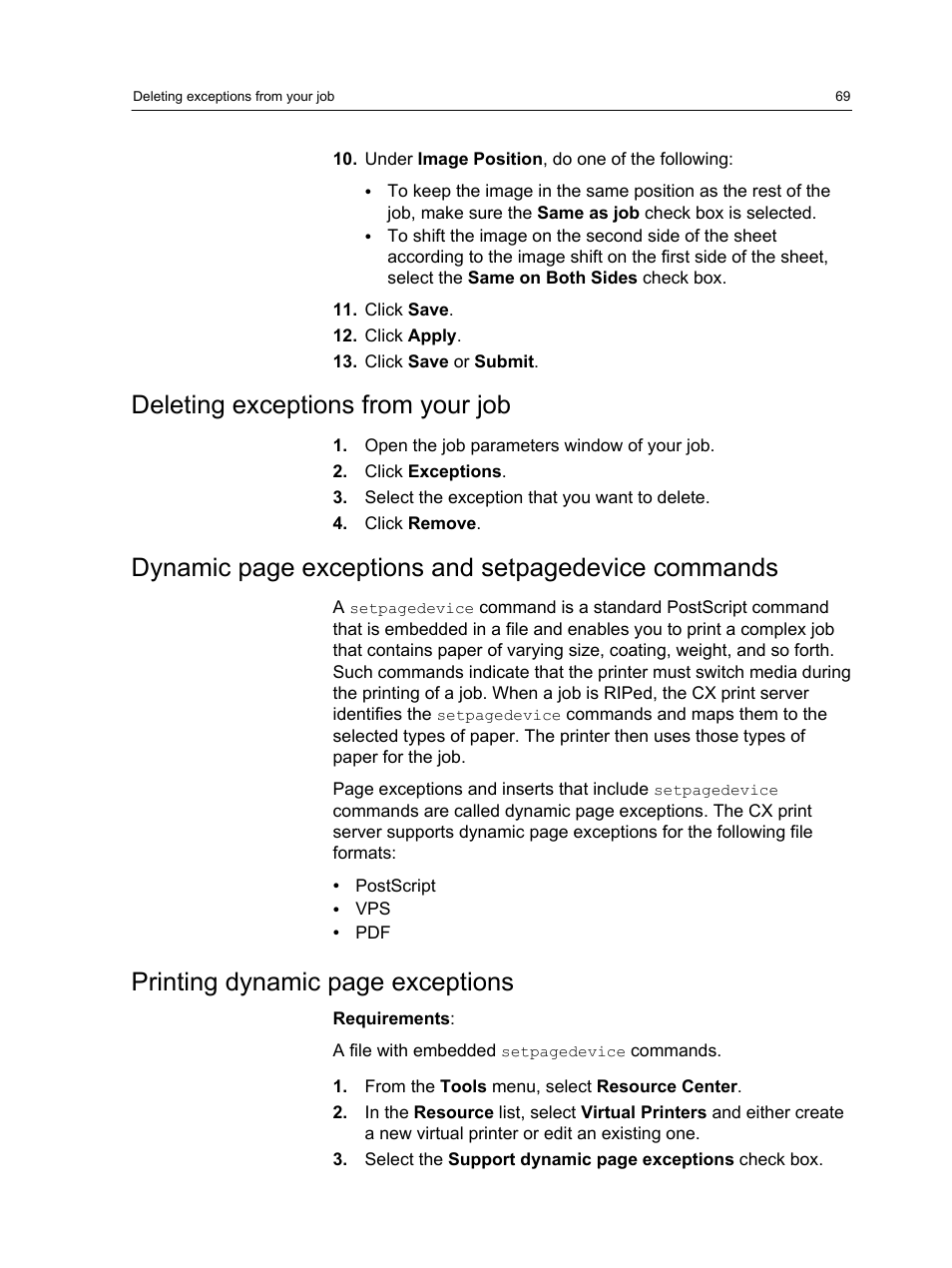 Deleting exceptions from your job, Dynamic page exceptions and setpagedevice commands, Printing dynamic page exceptions | Xerox CX PRINT SERVER 560 User Manual | Page 79 / 166