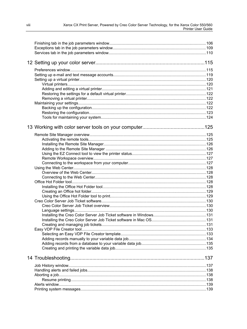 12 setting up your color server, 14 troubleshooting | Xerox CX PRINT SERVER 560 User Manual | Page 8 / 166