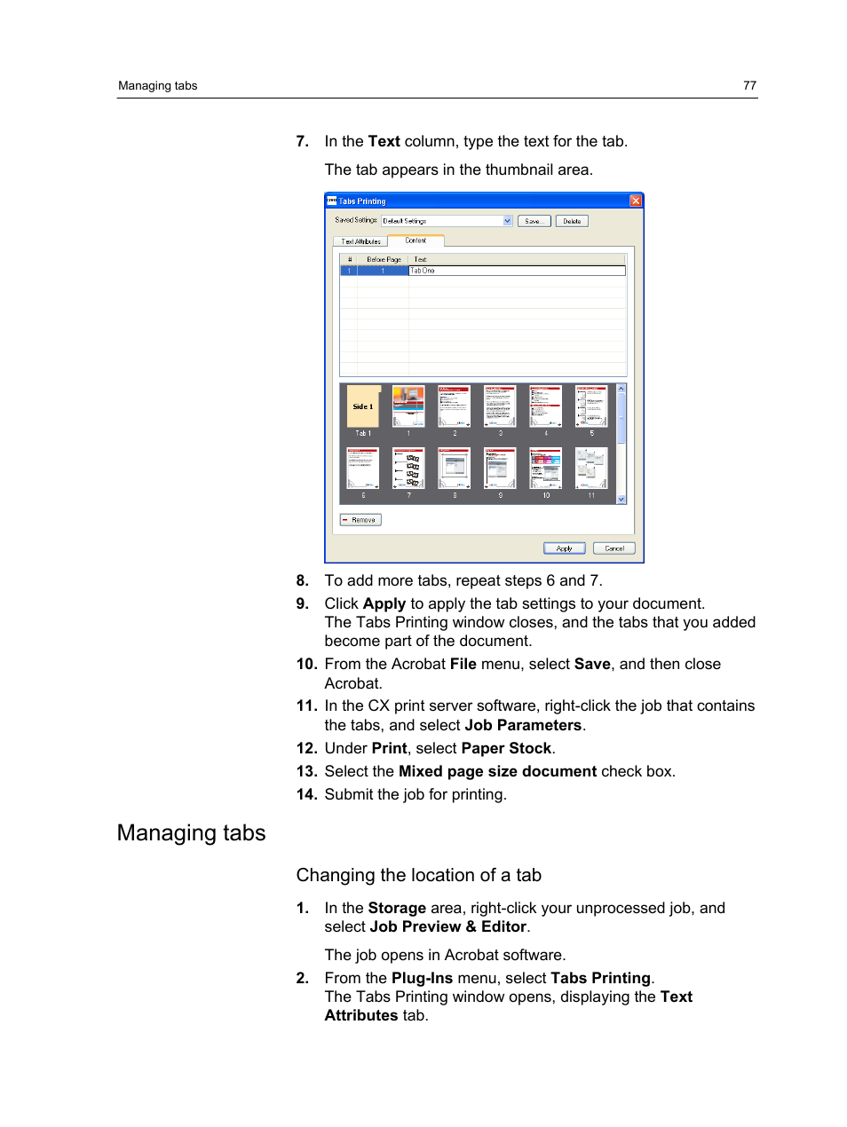 Managing tabs, Changing the location of a tab | Xerox CX PRINT SERVER 560 User Manual | Page 87 / 166