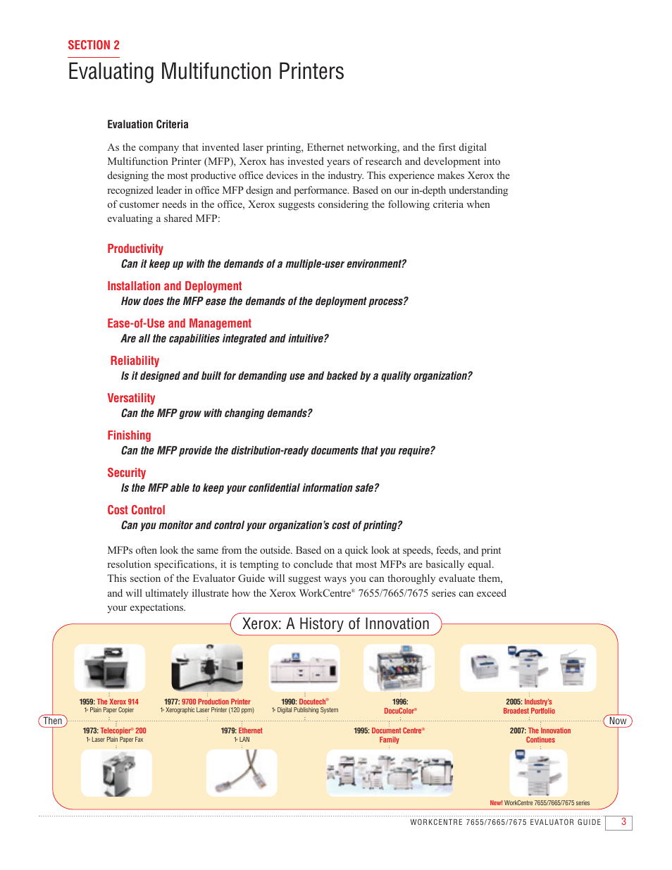 Evaluating multifunction printers, Xerox: a history of innovation, Productivity | Installation and deployment, Ease-of-use and management, Reliability, Versatility, Finishing, Security, Cost control | Xerox 7655 User Manual | Page 5 / 24