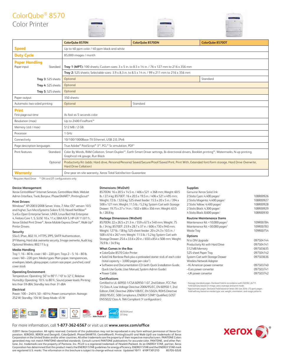 Colorqube, 8570 color printer, Speed | Duty cycle, Paper handling, Print, Warranty | Xerox ColorQube 8570  EN User Manual | Page 2 / 2