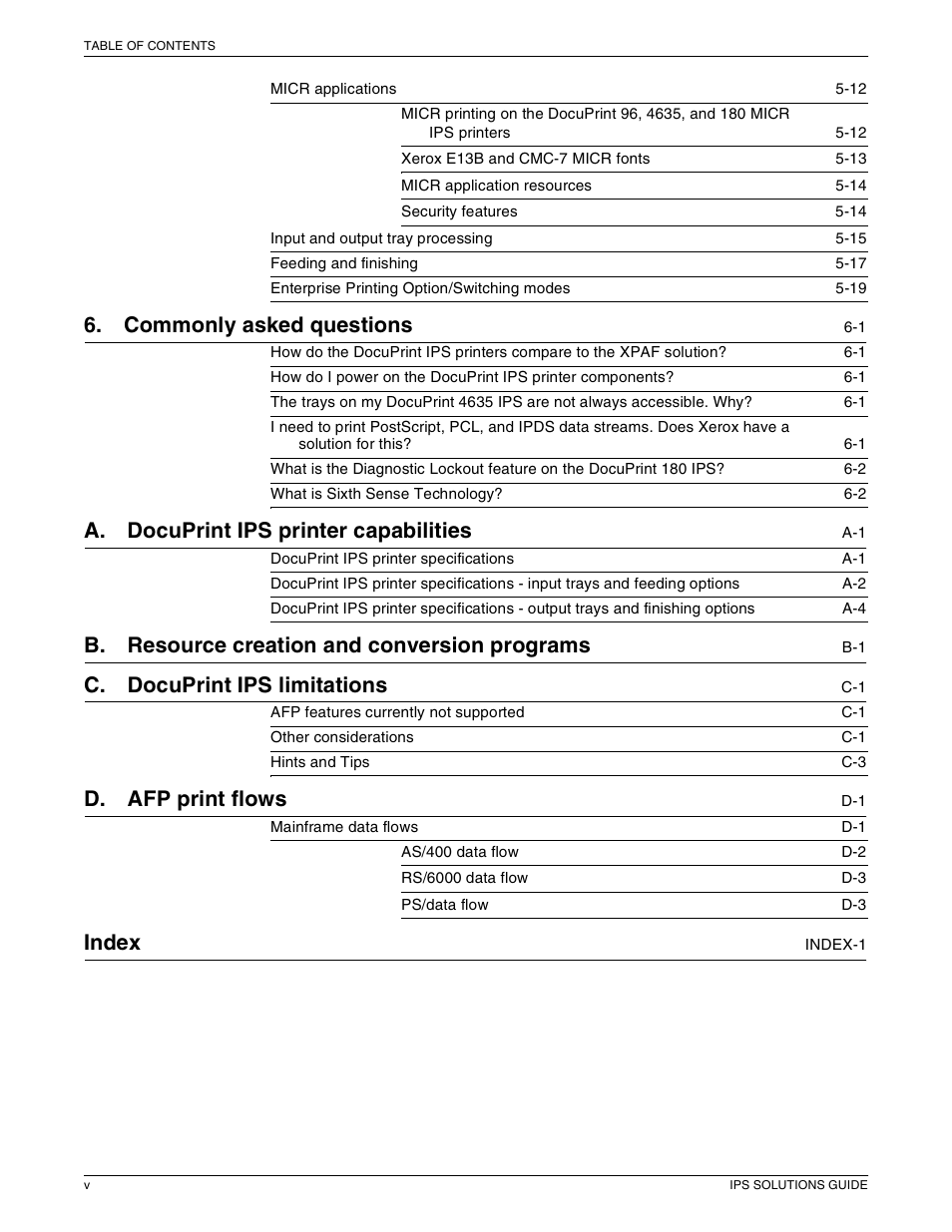 Commonly asked questions, A. docuprint ips printer capabilities, B. resource creation and conversion programs | C. docuprint ips limitations, D. afp print flows, Index | Xerox 721P88200 User Manual | Page 5 / 110