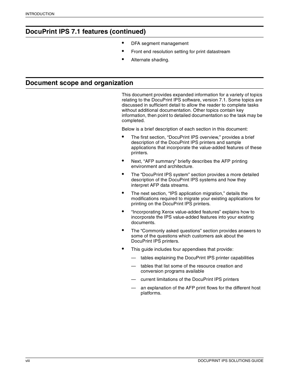 Docuprint ips 7.1 features (continued), Document scope and organization | Xerox 721P88200 User Manual | Page 8 / 110