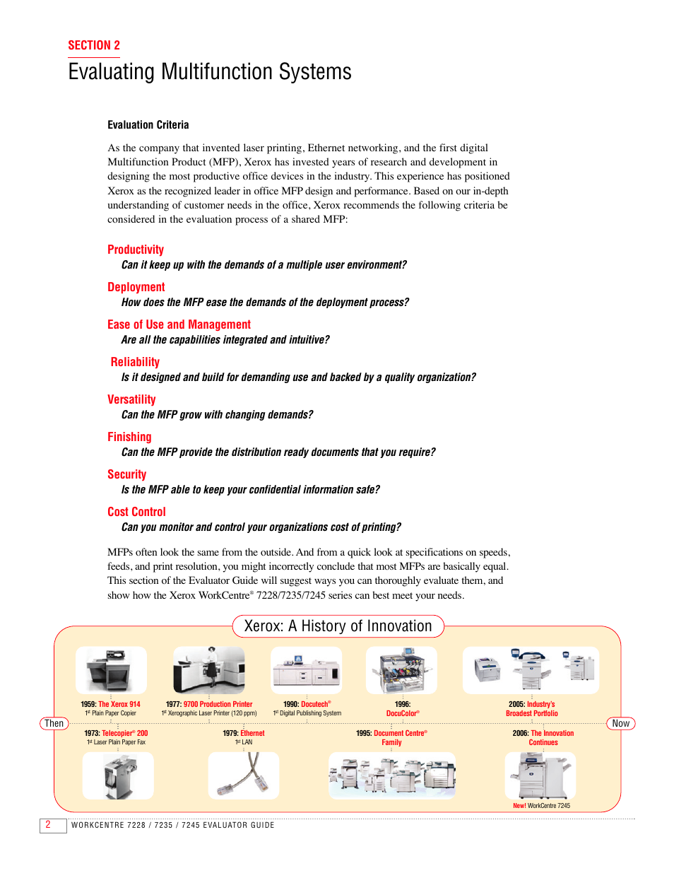 Evaluating multifunction systems, Xerox: a history of innovation, Productivity | Deployment, Ease of use and management, Reliability, Versatility, Finishing, Security, Cost control | Xerox 7235 User Manual | Page 4 / 24