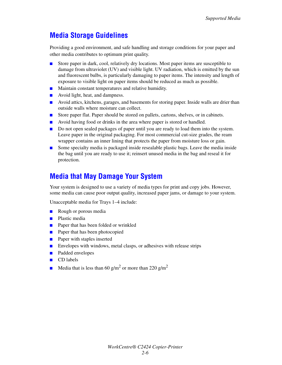 Media storage guidelines, Media that may damage your system | Xerox C2424 User Manual | Page 6 / 16