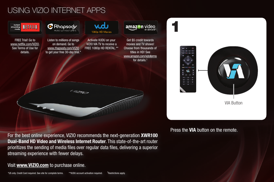 Using vizio internet apps, Press the via button on the remote | Xerox XVT3D424SV User Manual | Page 14 / 20