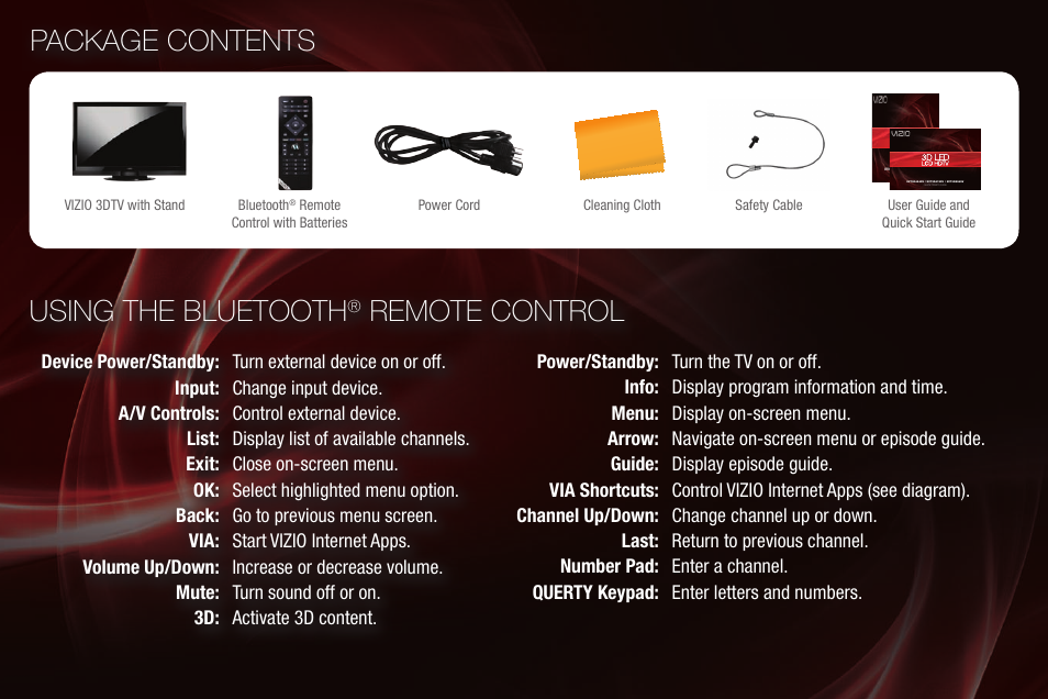 Using the bluetooth, Remote control, Package contents | Xerox XVT3D424SV User Manual | Page 4 / 20