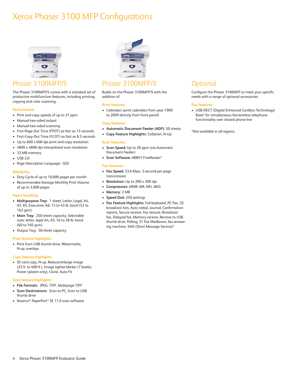 Xerox phaser 3100 mfp confi gurations, Phaser 3100mfp/s, Phaser 3100mfp/x | Optional | Xerox 3100MFP User Manual | Page 4 / 12