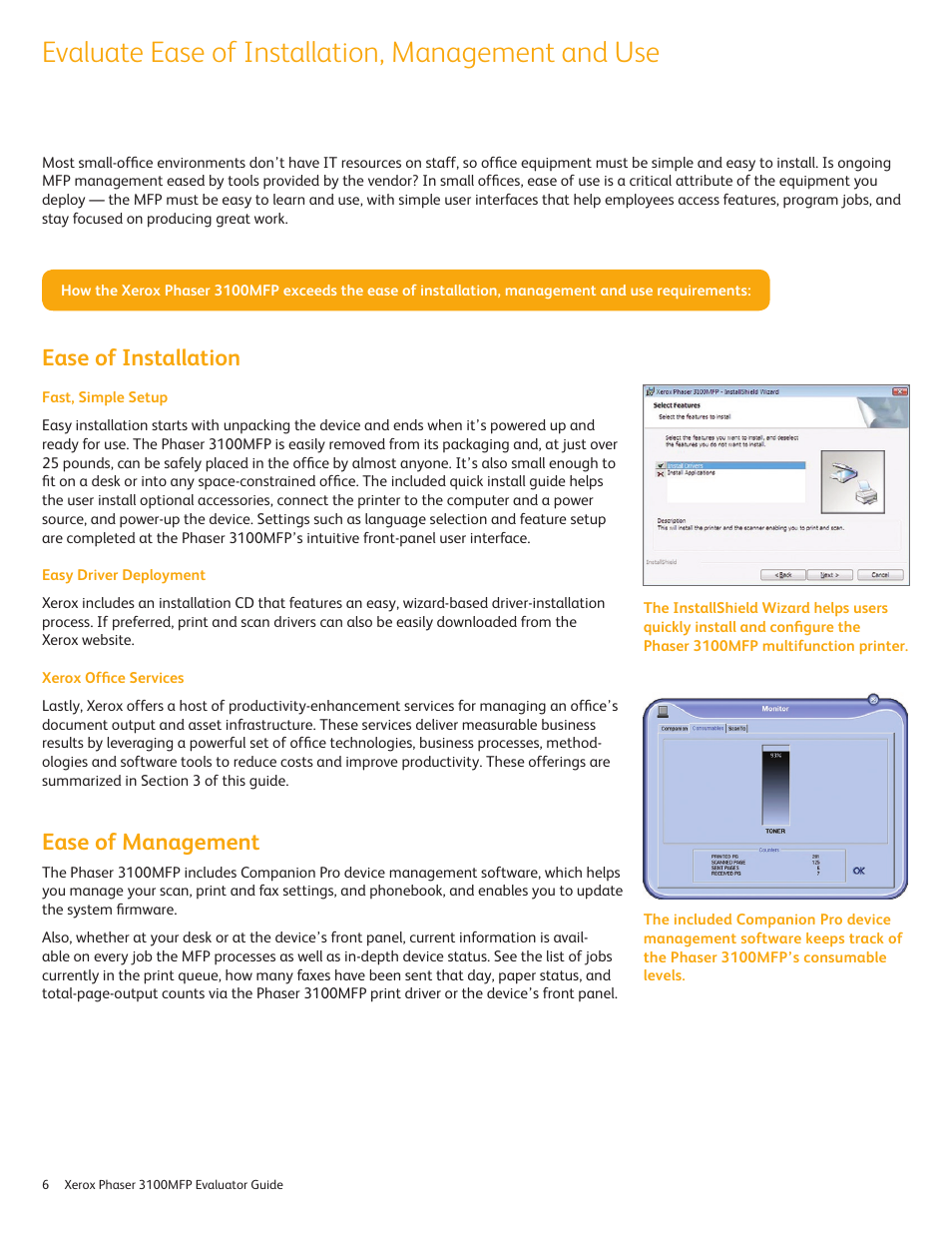 Evaluate ease of installation, management and use, Ease of installation, Ease of management | Xerox 3100MFP User Manual | Page 6 / 12