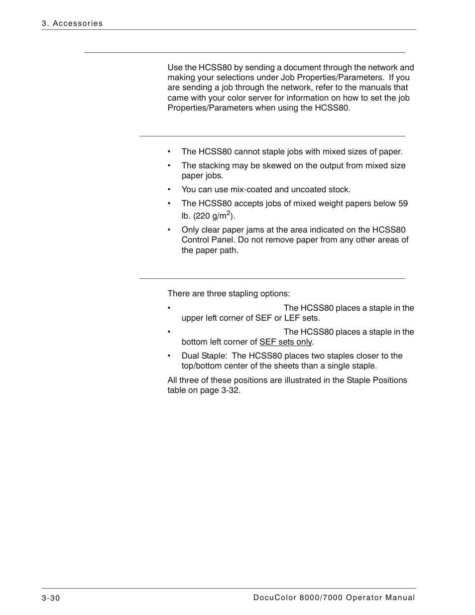 Using the hcss80, Hints and tips, Stapling hints | Using the hcss80 -30, Hints and tips -30 stapling hints -30 | Xerox DocuColor 7000  EN User Manual | Page 104 / 194