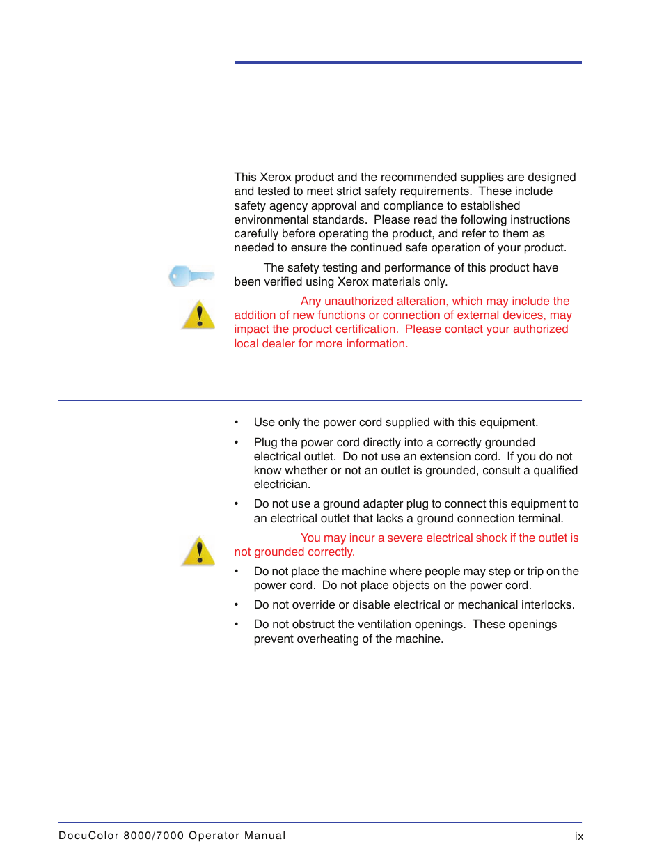 Safety notices, Electrical safety | Xerox DocuColor 7000  EN User Manual | Page 11 / 194