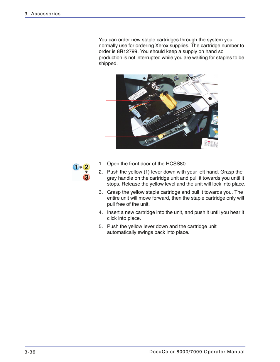 Ordering and loading staples, Ordering and loading staples -36 | Xerox DocuColor 7000  EN User Manual | Page 110 / 194