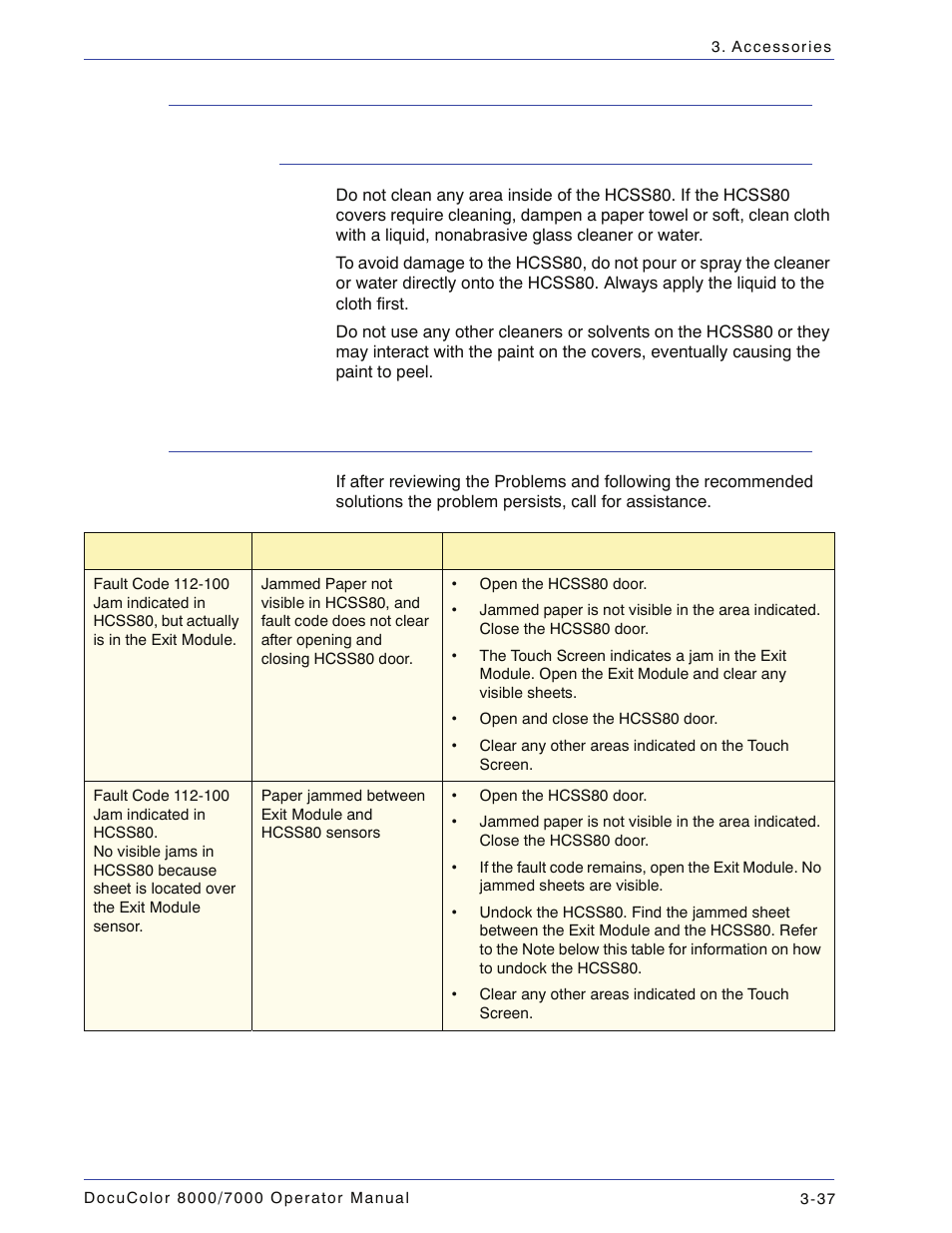 Hcss80 maintenance, Cleaning the hcss80, Problem solving | Hcss80 maintenance -37, Cleaning the hcss80 -37, Problem solving -37 | Xerox DocuColor 7000  EN User Manual | Page 111 / 194