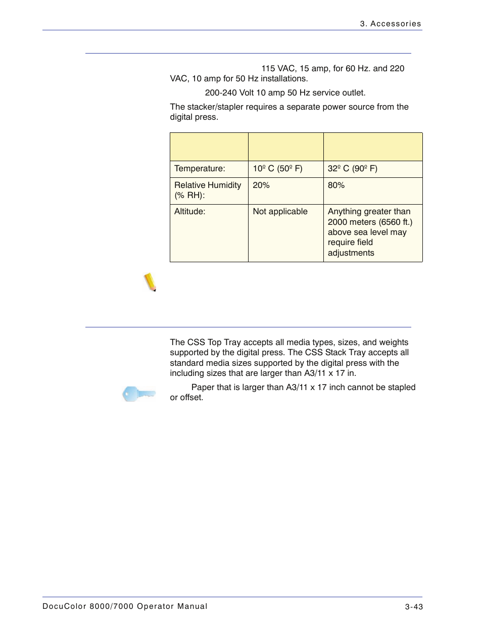 Electrical/environmental requirements, Paper stock specifications | Xerox DocuColor 7000  EN User Manual | Page 117 / 194