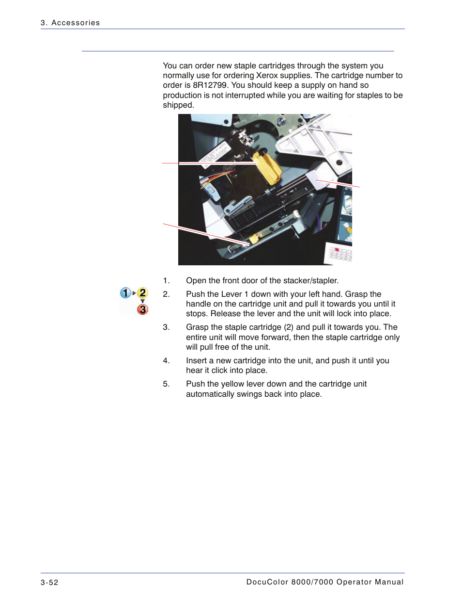 Ordering and loading staples, Ordering and loading staples -52 | Xerox DocuColor 7000  EN User Manual | Page 126 / 194