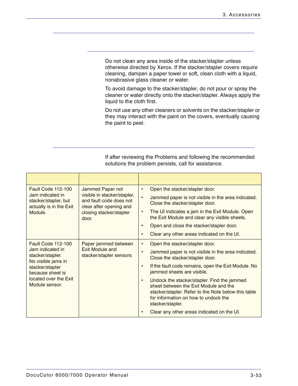 Stacker/stapler maintenance, Cleaning the stacker/stapler, Problem solving | Stacker/stapler maintenance -53, Cleaning the stacker/stapler -53, Problem solving -53 | Xerox DocuColor 7000  EN User Manual | Page 127 / 194