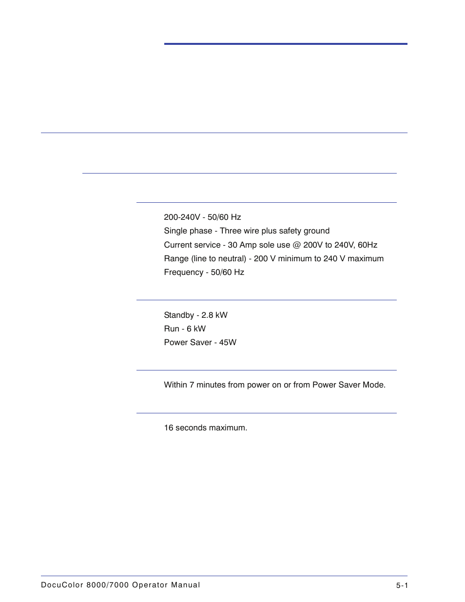 Technical data, Digital press specifications, Electrical power | Specifications, Power consumption, Warm-up time, First print out time, Digital press specifications -1, Electrical power -1 | Xerox DocuColor 7000  EN User Manual | Page 147 / 194