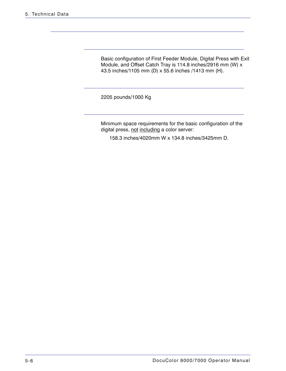 Physical characteristics, Digital press size, Digital press weight | Floor space requirements, Physical characteristics -6 | Xerox DocuColor 7000  EN User Manual | Page 152 / 194