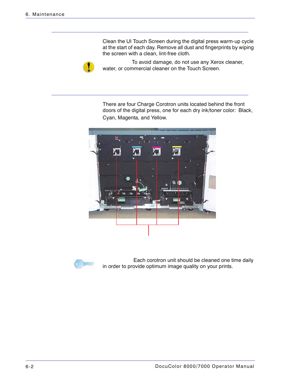 Cleaning the ui touch screen, Cleaning the charge corotrons | Xerox DocuColor 7000  EN User Manual | Page 156 / 194