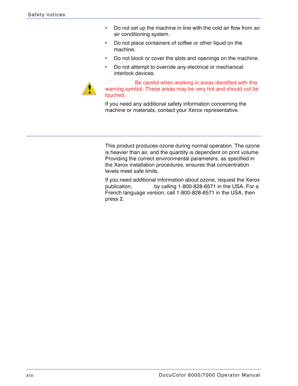 Ozone safety | Xerox DocuColor 7000  EN User Manual | Page 16 / 194