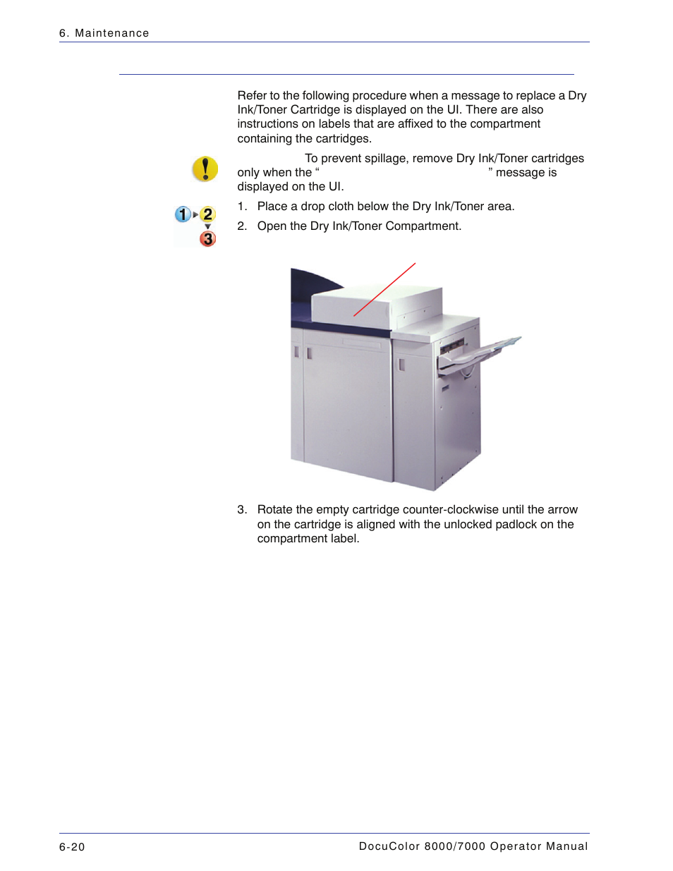 Replacing a dry ink/toner cartridge, Replacing a dry ink/toner cartridge -20 | Xerox DocuColor 7000  EN User Manual | Page 174 / 194