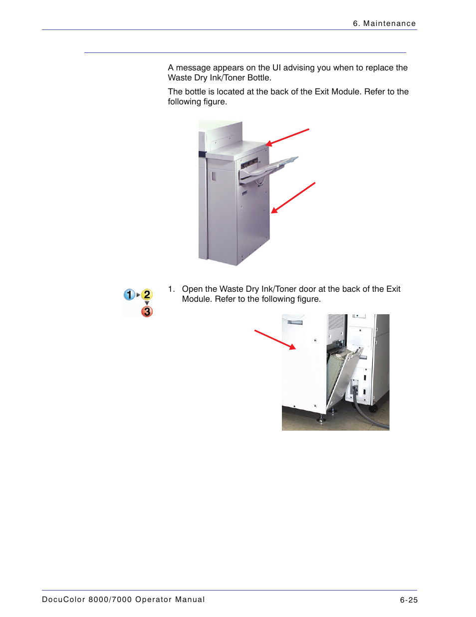 Changing the waste dry ink/toner bottle, Changing the waste dry ink/toner bottle -25 | Xerox DocuColor 7000  EN User Manual | Page 179 / 194